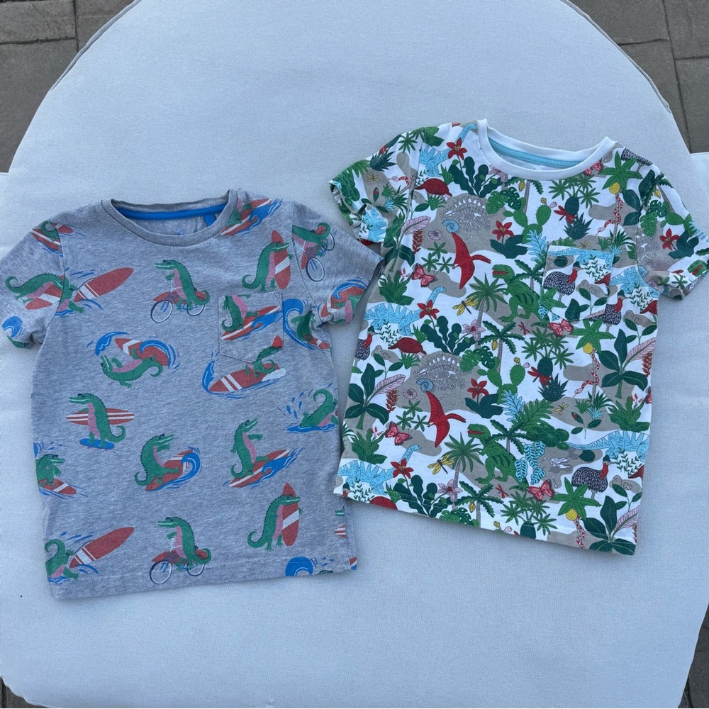 Mini Boden 2 Pc Boys Tee Bundle Size 5-6Y Dinosaur Tropical Vacation Surf T Rex